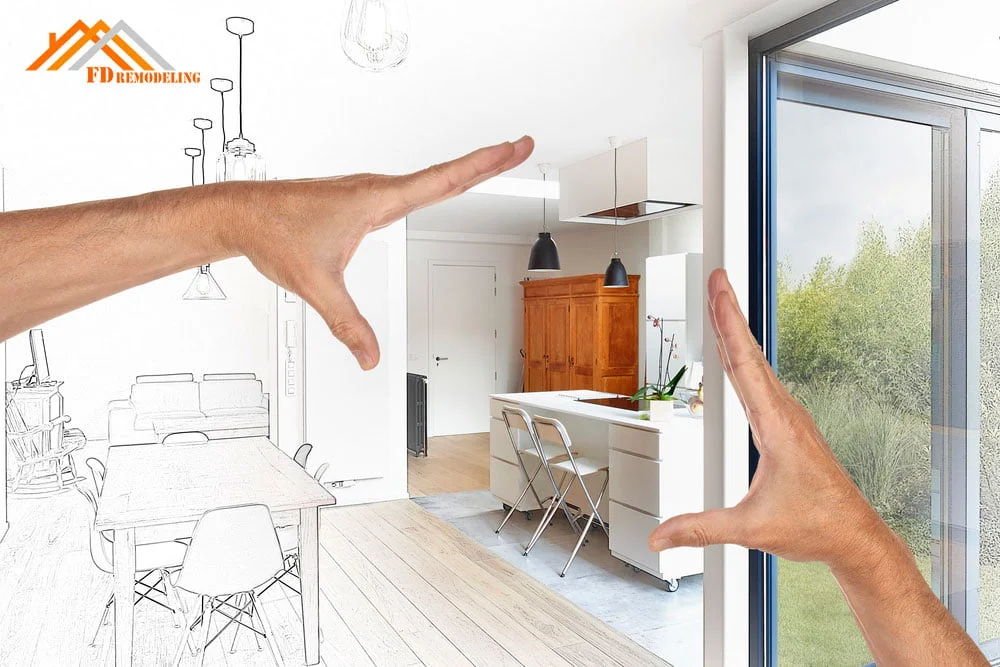 Two hands reaching out to open a door in a kitchen.