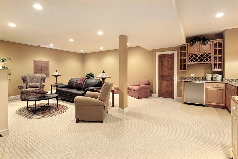 A living room with a couch and a coffee table.