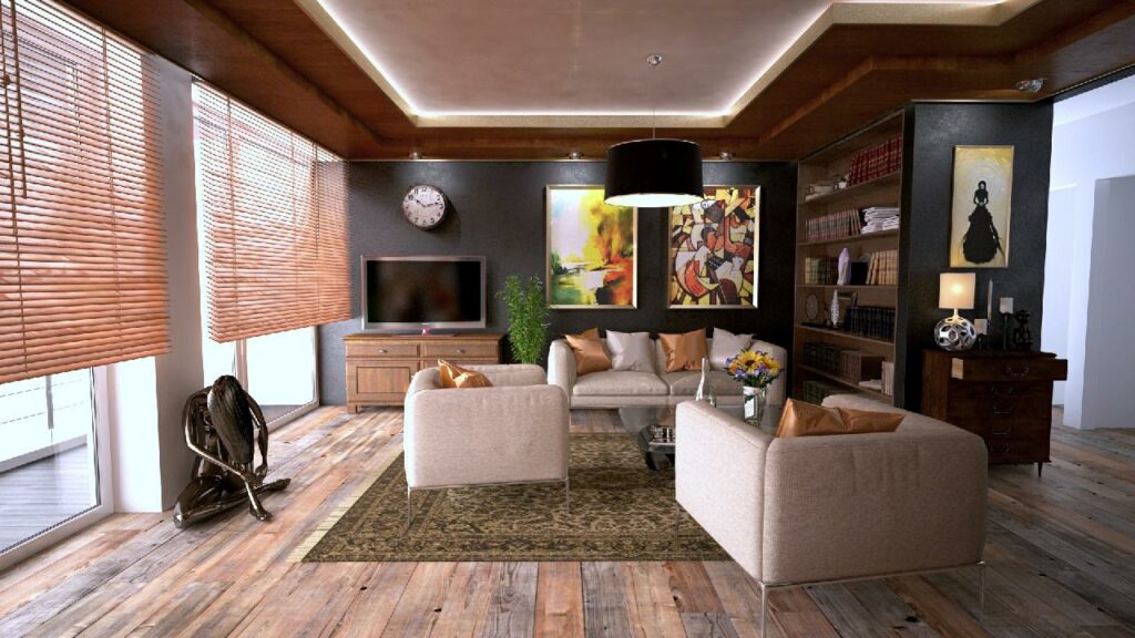 A 3d rendering of a living room with wooden floors.