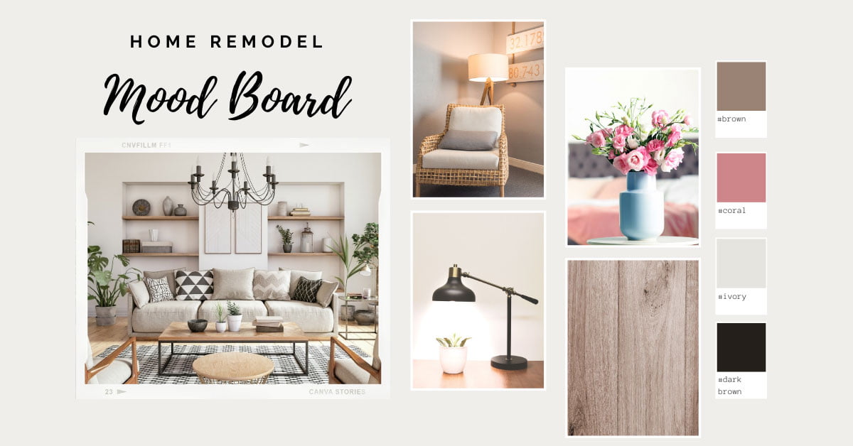 Example of a mood board for a living room remodel project