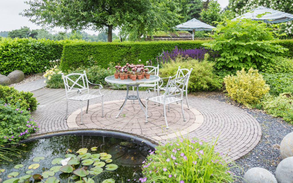 backyard patio with pond