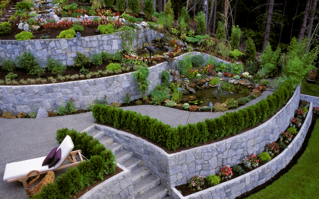 patio with retaining walls