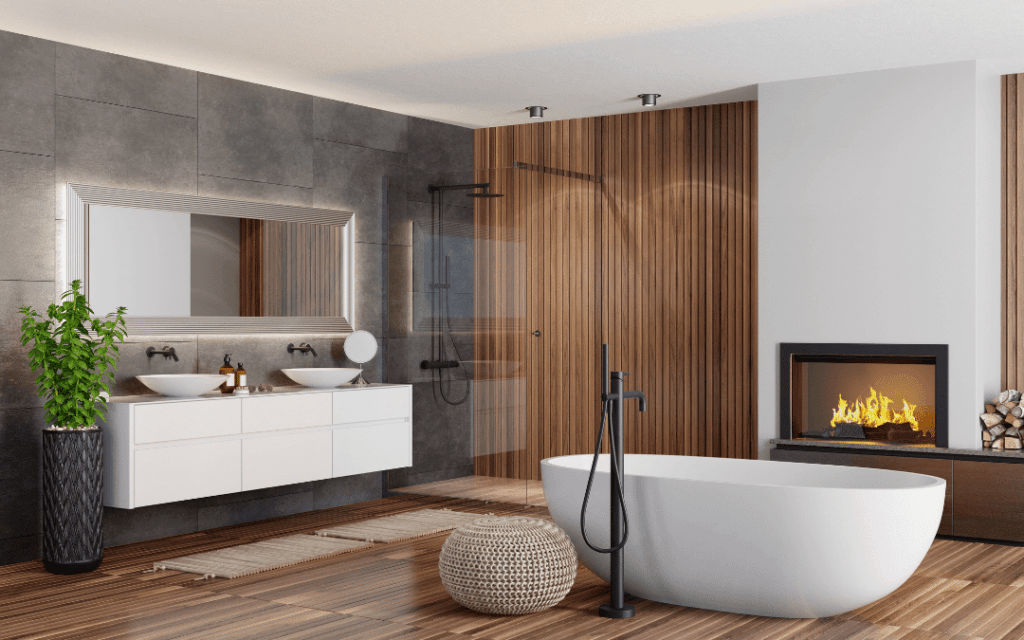 A modern bathroom with a wooden floor and a fireplace.