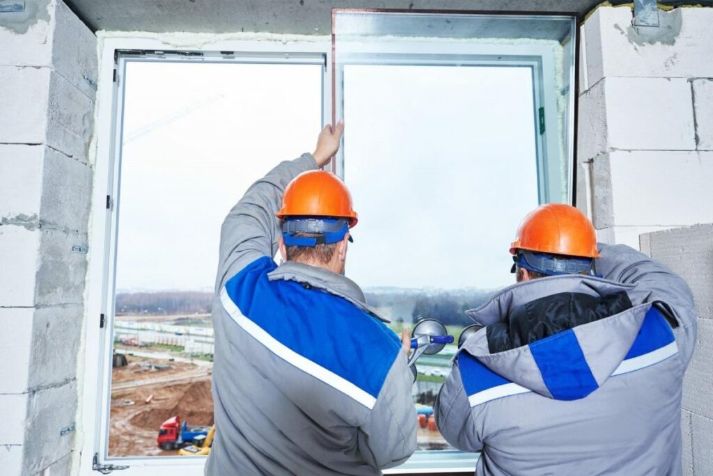 Two construction workers looking at a window in a building.