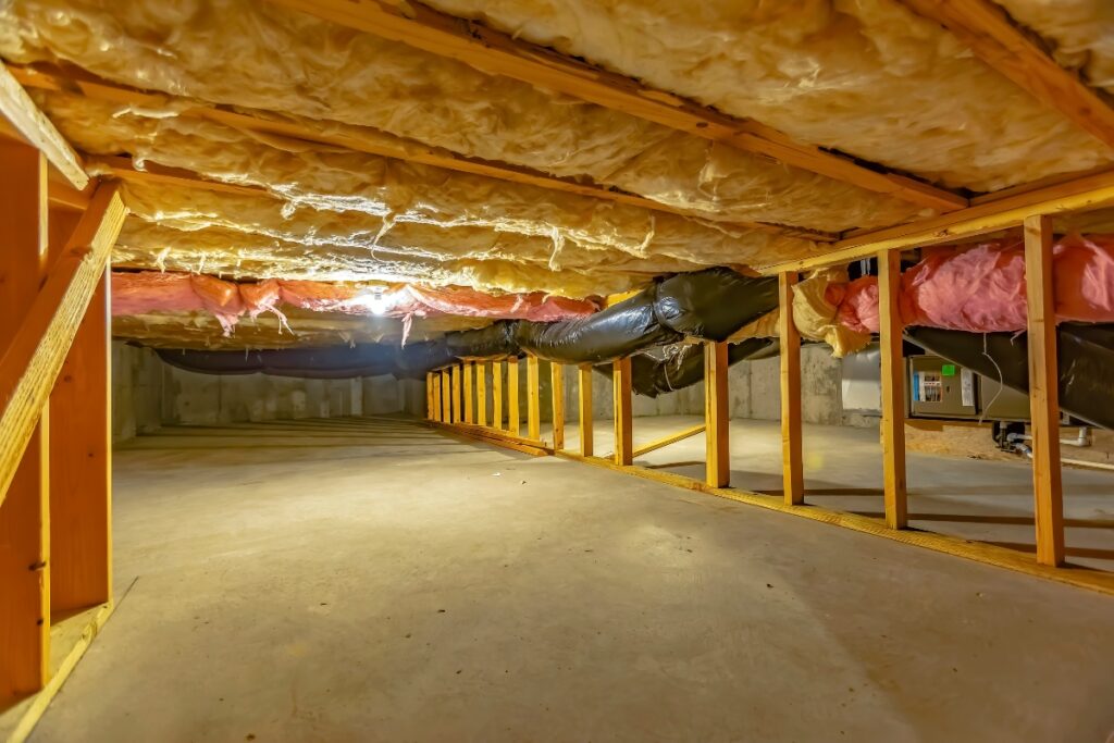 The interior of a basement with insulation and crawl space.