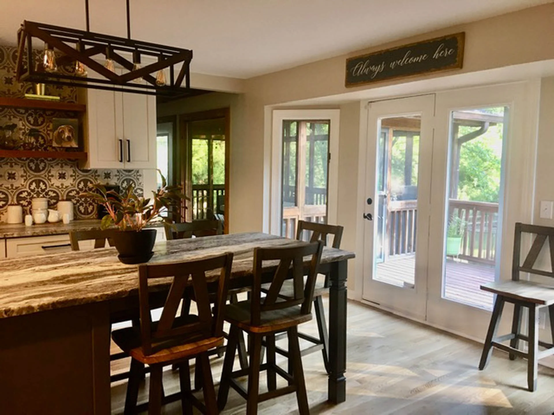 A kitchen with a large island and bar stools.