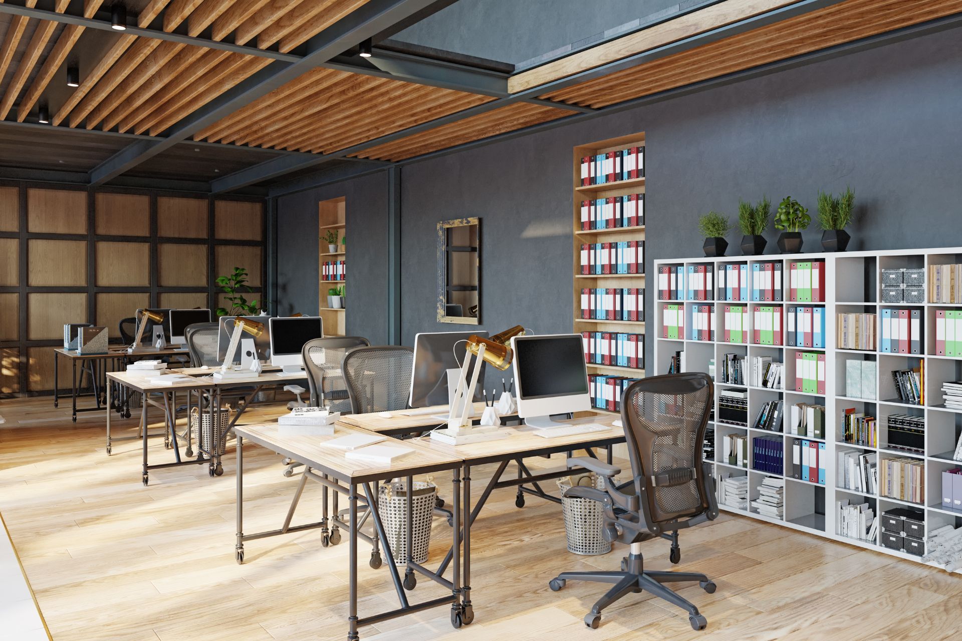 A renovated modern office space featuring wooden floors and walls.