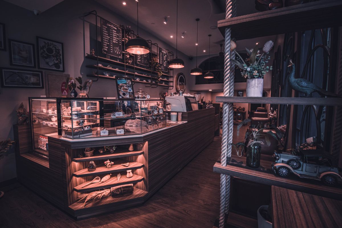 The retail store interior of a coffee shop.