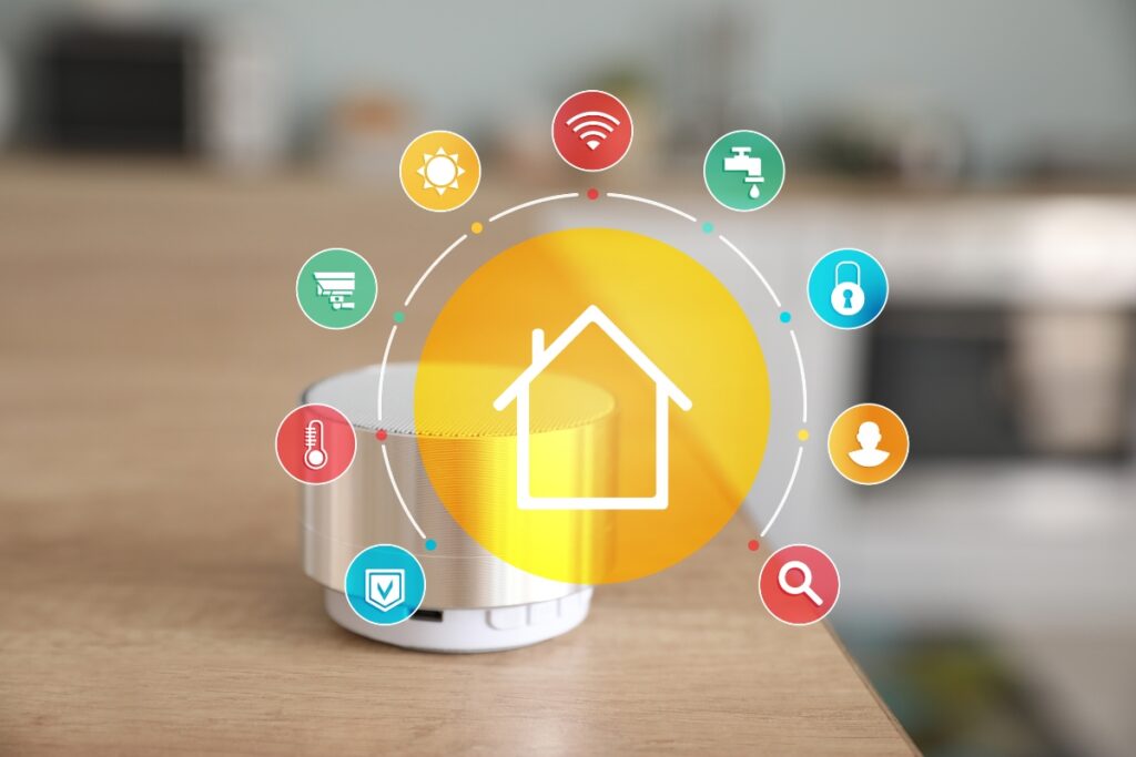 A smart home device, incorporating the latest home remodeling trends, surrounded by various icons.