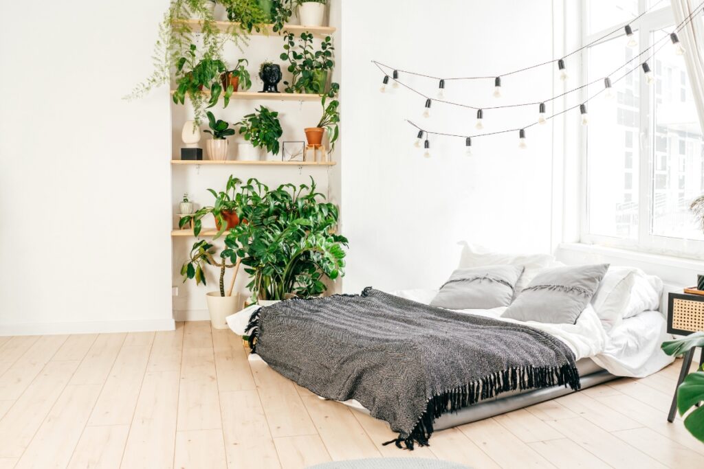 Incorporating home remodeling trends, this bedroom showcases a contemporary style with a comfortable bed adorned by lush plants on the floor.