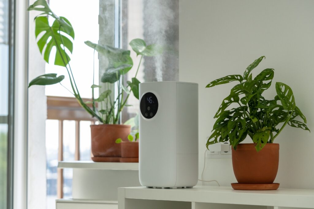 A green building with an air purifier in a living room with plants.