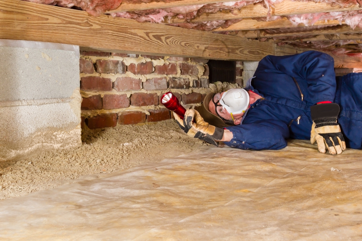 A man lying on the ground holding a flashlight to insulate a crawl space.