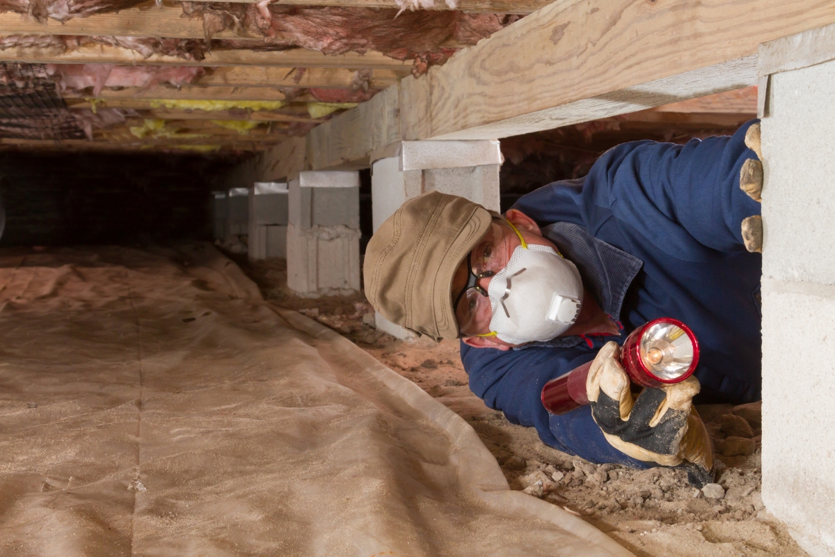 A man wearing a mask to insulate a crawl space and holding a flashlight.