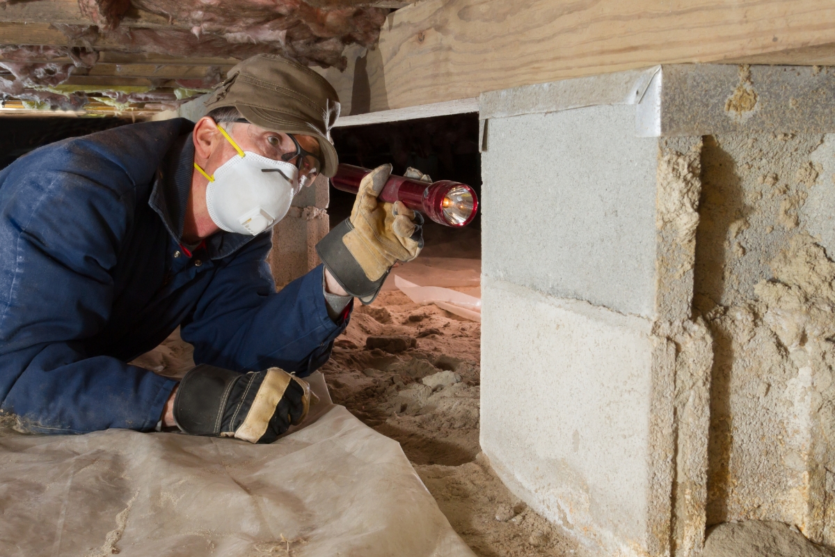 A man wearing a mask to insulate a crawl space and holding a flashlight.