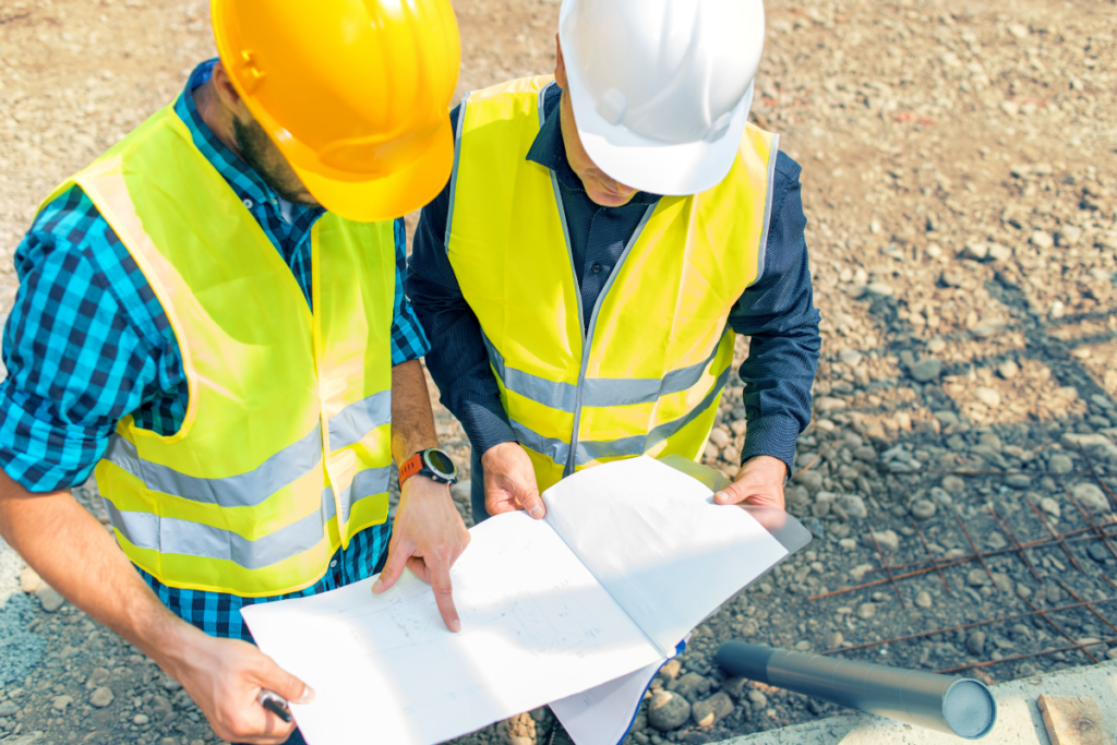 Two construction workers looking at blueprints on a construction site.
