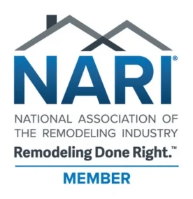 NARI logo with text: "National Association of the Remodeling Industry. Remodeling Done Right. Member." The logo features a house roof graphic, representing both remodeling contractors and commercial construction expertise.