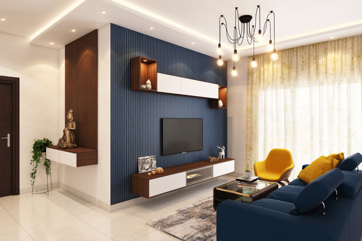 A modern living room boasts a blue accent wall, wall-mounted TV, and contemporary furniture including a blue sofa and yellow armchair. Enhancing the home aesthetics, a chandelier hangs from the ceiling, while sheer curtains frame a large window. A masterpiece in interior decorating.