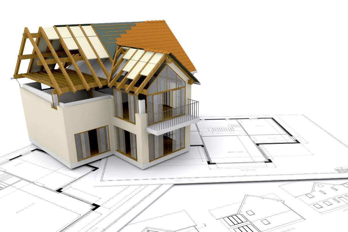 3D illustration of a two-story house under construction with visible wooden framework, on top of architectural blueprints, showcasing real estate market trends.