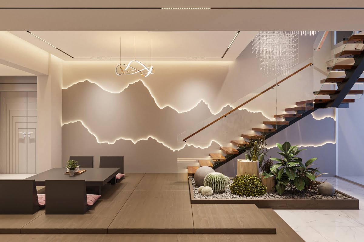 Modern home interior reflecting current real estate market trends, with artistic wall lighting resembling mountain peaks, featuring a wooden staircase, indoor plants, and minimalist furniture.