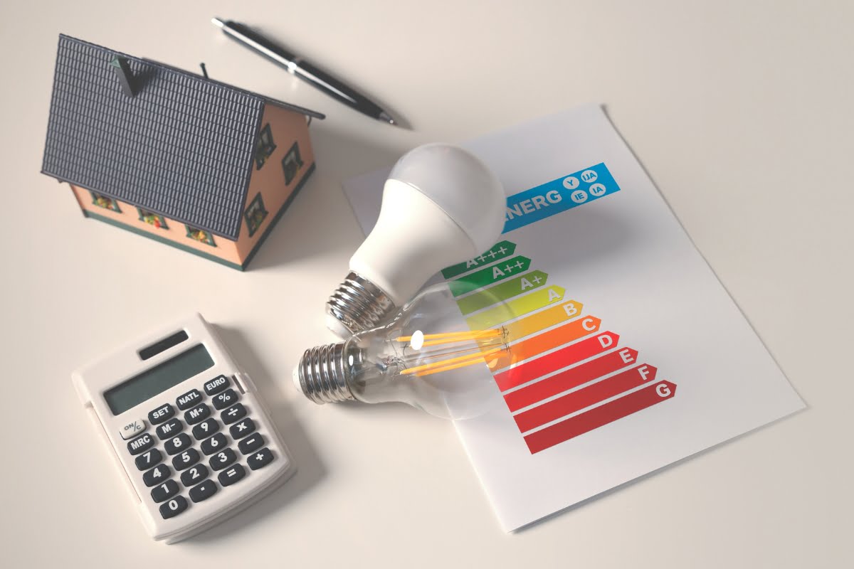 A toy house, energy rating chart, LED and incandescent light bulbs, pen, and calculator on a white surface illustrate the importance of energy efficiency in homes.