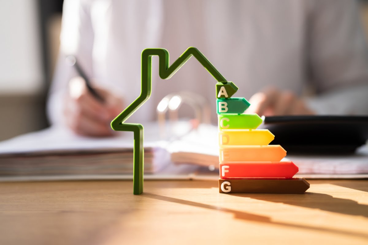 A model of a house with energy efficiency ratings (A-G) is in focus, emphasizing Energy Efficiency in Homes, while a person in the background, blurred, is writing on paper with a pen and calculator on the desk.