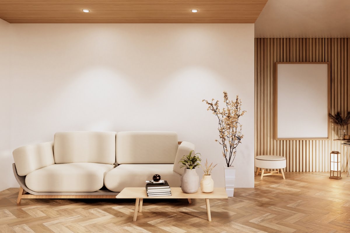 Modern living room with a beige sofa, wooden coffee table adorned with decor items, potted plants, and a minimalist wall design featuring wood paneling and a framed blank canvas—a perfect example of sophisticated furniture design.