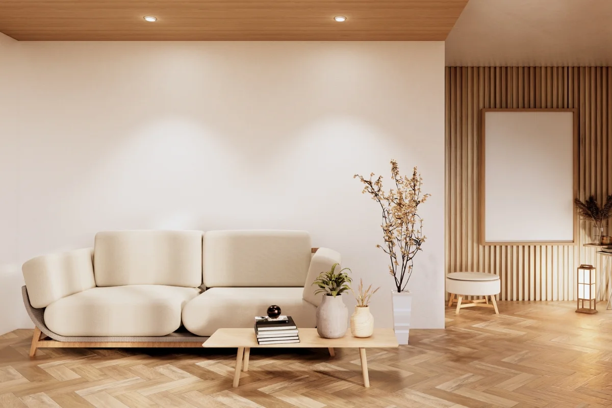Modern living room with a beige sofa, wooden coffee table adorned with decor items, potted plants, and a minimalist wall design featuring wood paneling and a framed blank canvas&mdash;a perfect example of sophisticated furniture design.