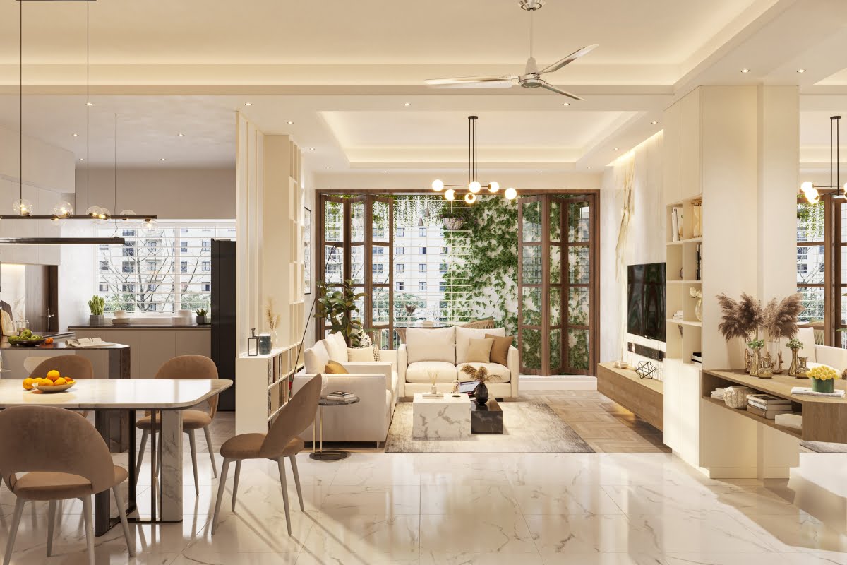 A modern open-concept living and dining area with beige and white decor, featuring sleek furniture design, a kitchen in the background, and floor-to-ceiling windows overlooking a cityscape.