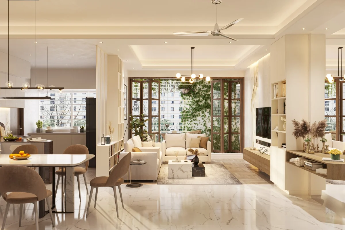 A modern open-concept living and dining area with beige and white decor, featuring sleek furniture design, a kitchen in the background, and floor-to-ceiling windows overlooking a cityscape.