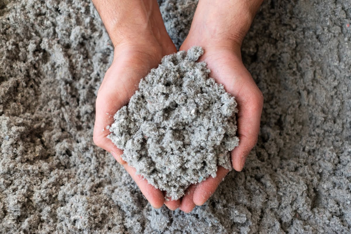 A person holds a handful of gray, fibrous material, possibly insulation made from sustainable building materials, with more of the same material spread out beneath their hands.