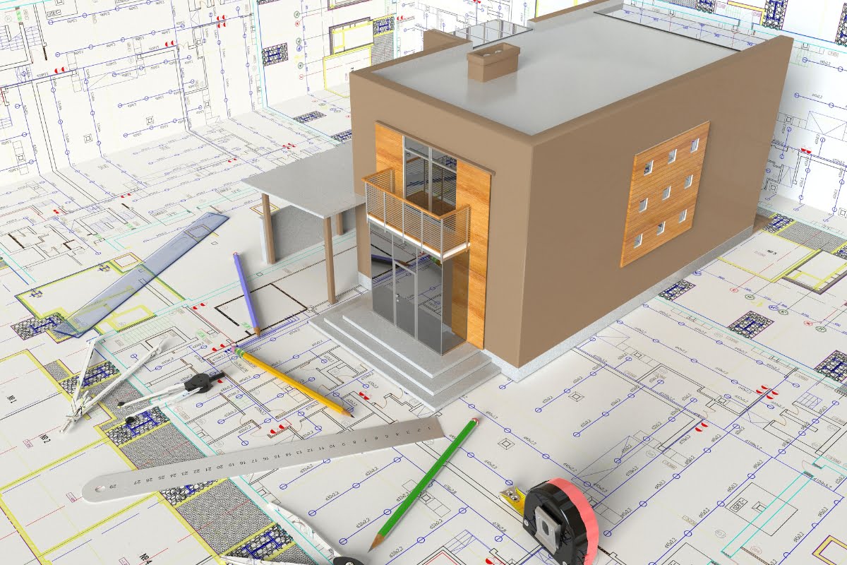 A model of a modern building is placed on top of architectural blueprints, surrounded by drafting tools including a ruler, compass, and measuring tape, symbolizing a significant home investment.