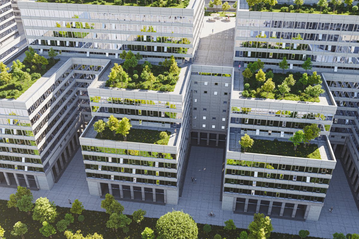 Aerial view of modern high-rise buildings with multiple rooftop gardens and numerous trees, interconnected by a shared courtyard, surrounded by pathways and additional greenery—a testament to innovative urban planning.