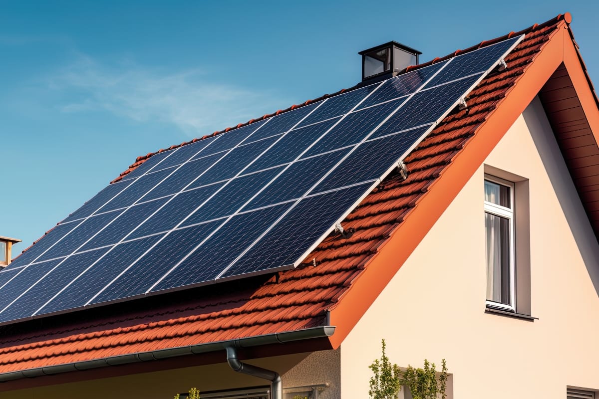 A house with a red-tiled roof showcases its energy-efficient remodeling with sleek solar panels installed under a blue sky.