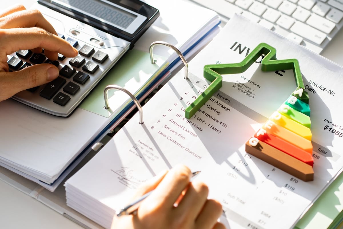 A person is using a calculator and reviewing invoices in a binder, thoughtfully considering an energy efficiency rating chart perched atop the documents—an essential step towards embarking on an energy-efficient remodeling project.