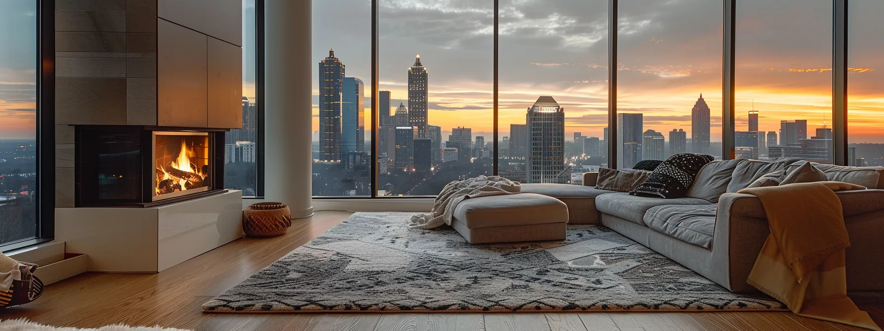 a cozy living room with a modern fireplace, plush rugs, and energy-efficient windows overlooking a snowy atlanta skyline.