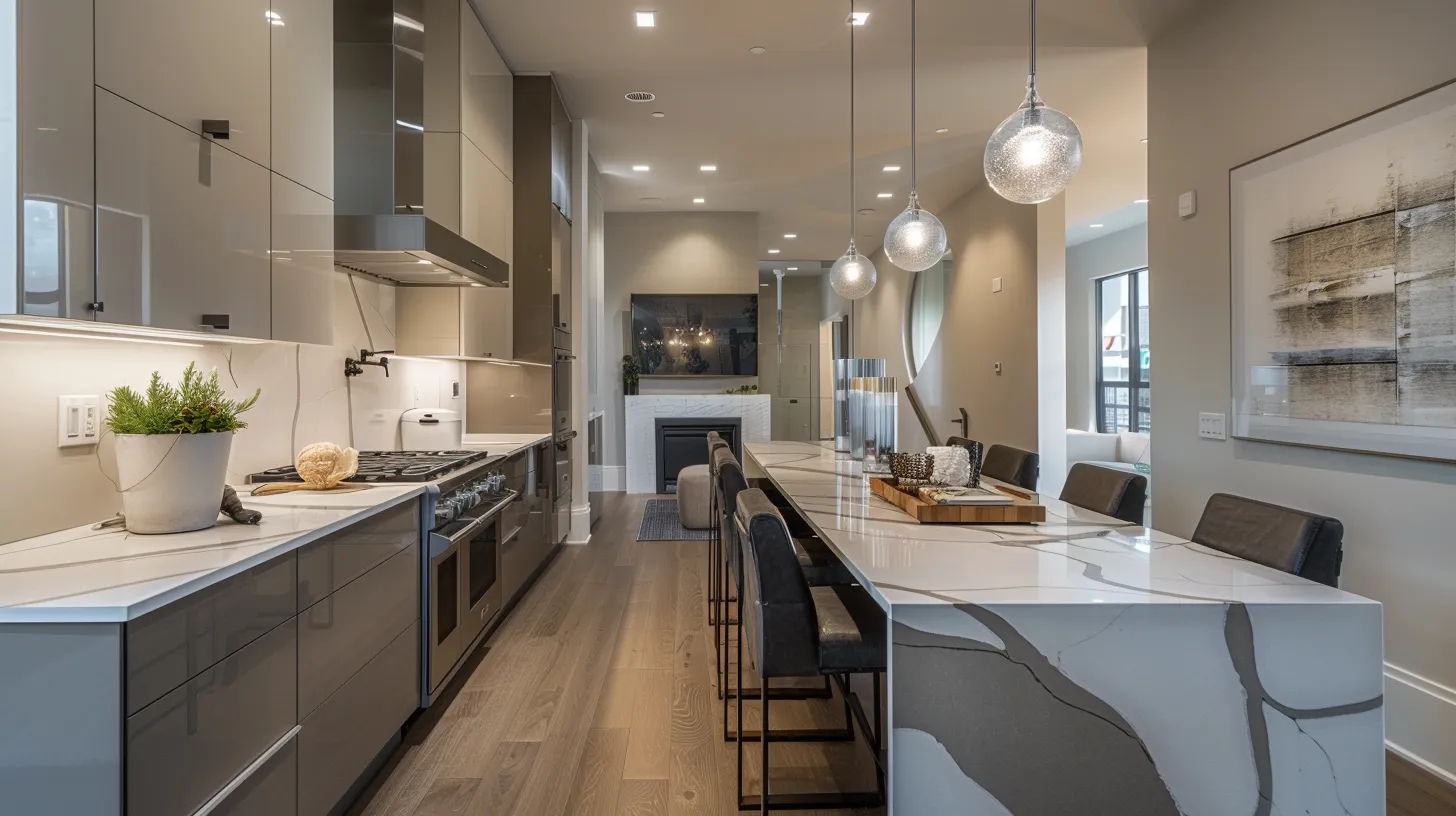 a sleek and sophisticated atlanta-midtown kitchen showcases modern cabinetry, elegant fixtures, and a stylish open layout illuminated by warm, natural light.