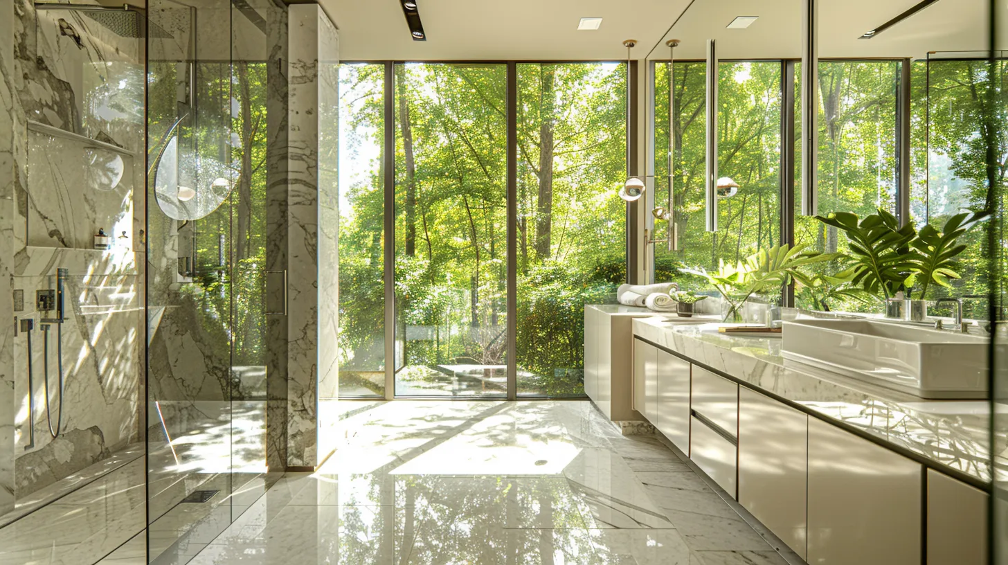 a luxurious modern bathroom in a suburban atlanta home, featuring sleek marble countertops, a spacious glass shower with rainfall fixtures, and natural light streaming in from large windows adorned with lush greenery.
