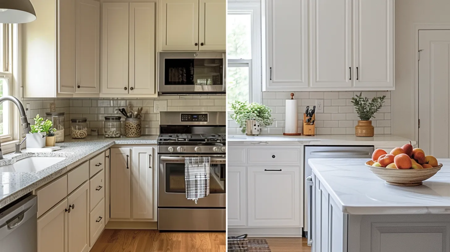 A stunning before-and-after split-screen kitchen remodel in a Kennesaw home. Left side: Outdated, cramped kitchen with worn cabinets and laminate counters. Right side: Bright, modern kitchen with white shaker cabinets, quartz countertops, stainless appliances, and a subway tile backsplash. Natural light streams through a new window, and a bowl of fresh Georgia peaches sits on the island. Style: Photorealistic, high-contrast lighting, warm tones.