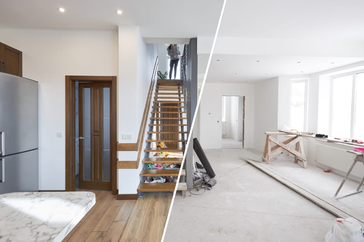 Split image showing a before and after home renovation: left side is finished with wooden flooring and furniture; right side highlights the remodeling process with exposed floors and tools.