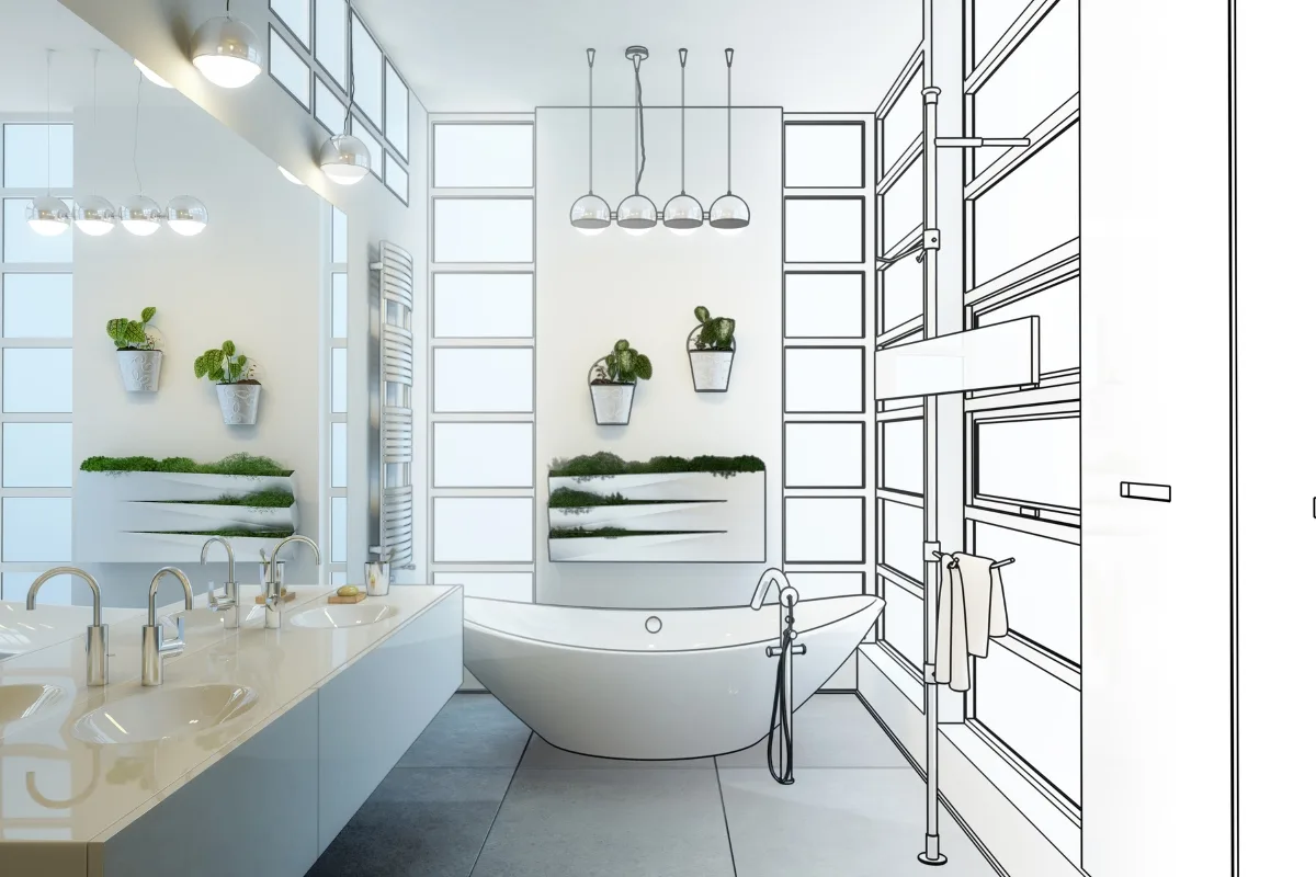 Modern bathroom remodeled with a freestanding bathtub and large mirrors, half rendered as a realistic image and half as a black-and-white line drawing. Perfect inspiration for your next bathroom remodeling project.