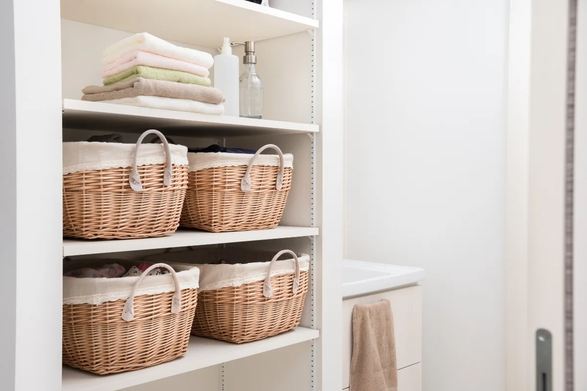 Open shelving in a laundry room showcases folded towels, wicker storage baskets, and a soap dispenser by the sink with a beige towel—perfect inspiration for your next bathroom remodeling project.