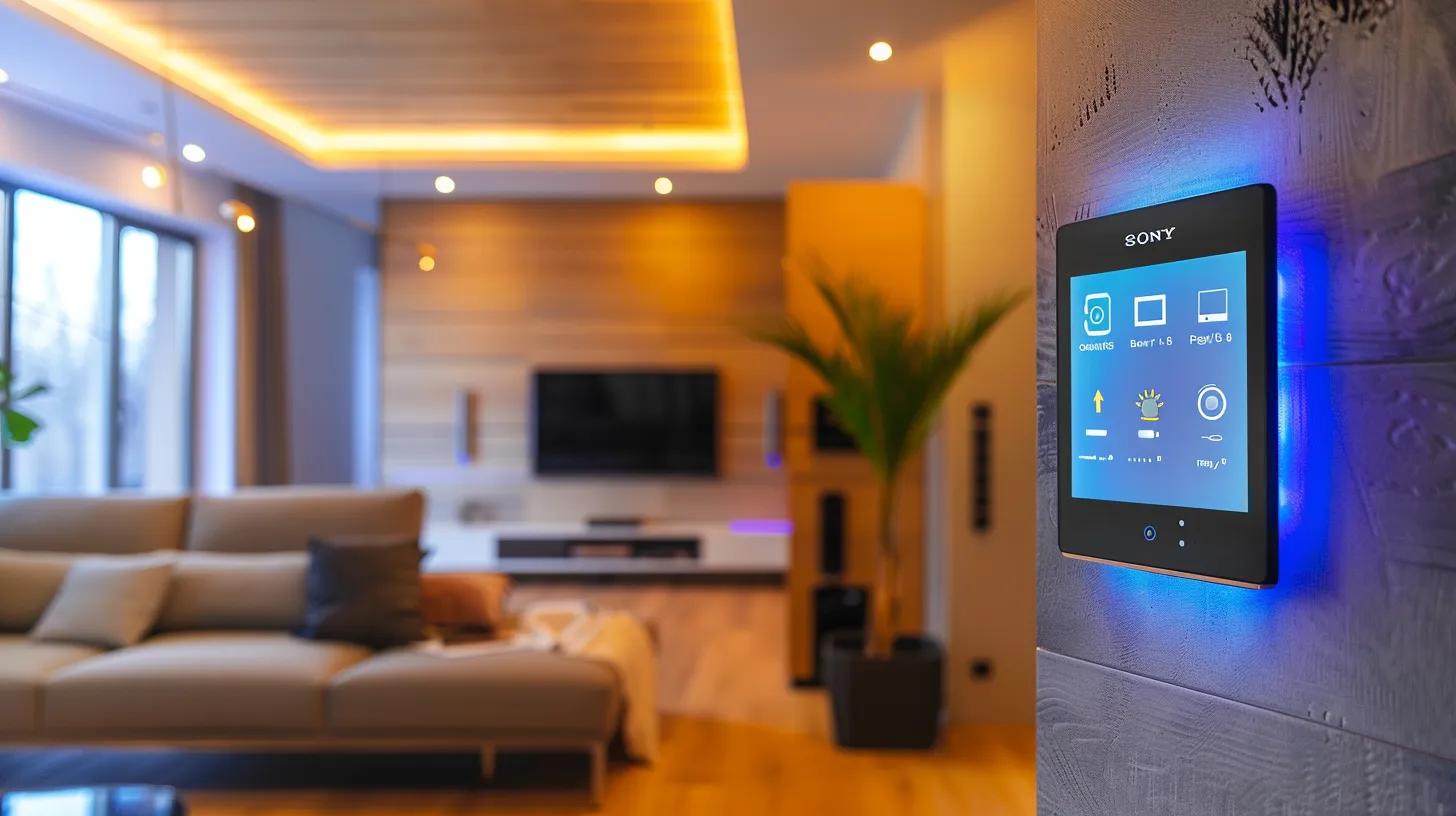 Smart Home Remodeling in Sandy Springs: Top Energy-Efficient Upgrades 8 a modern, sleek home interior showcases a smart home remodeling setup, featuring a digital control panel displaying energy-saving statistics alongside advanced smart gadgets, all bathed in warm, ambient lighting to highlight the efficiency and sophistication of the technology integrated into the living space.