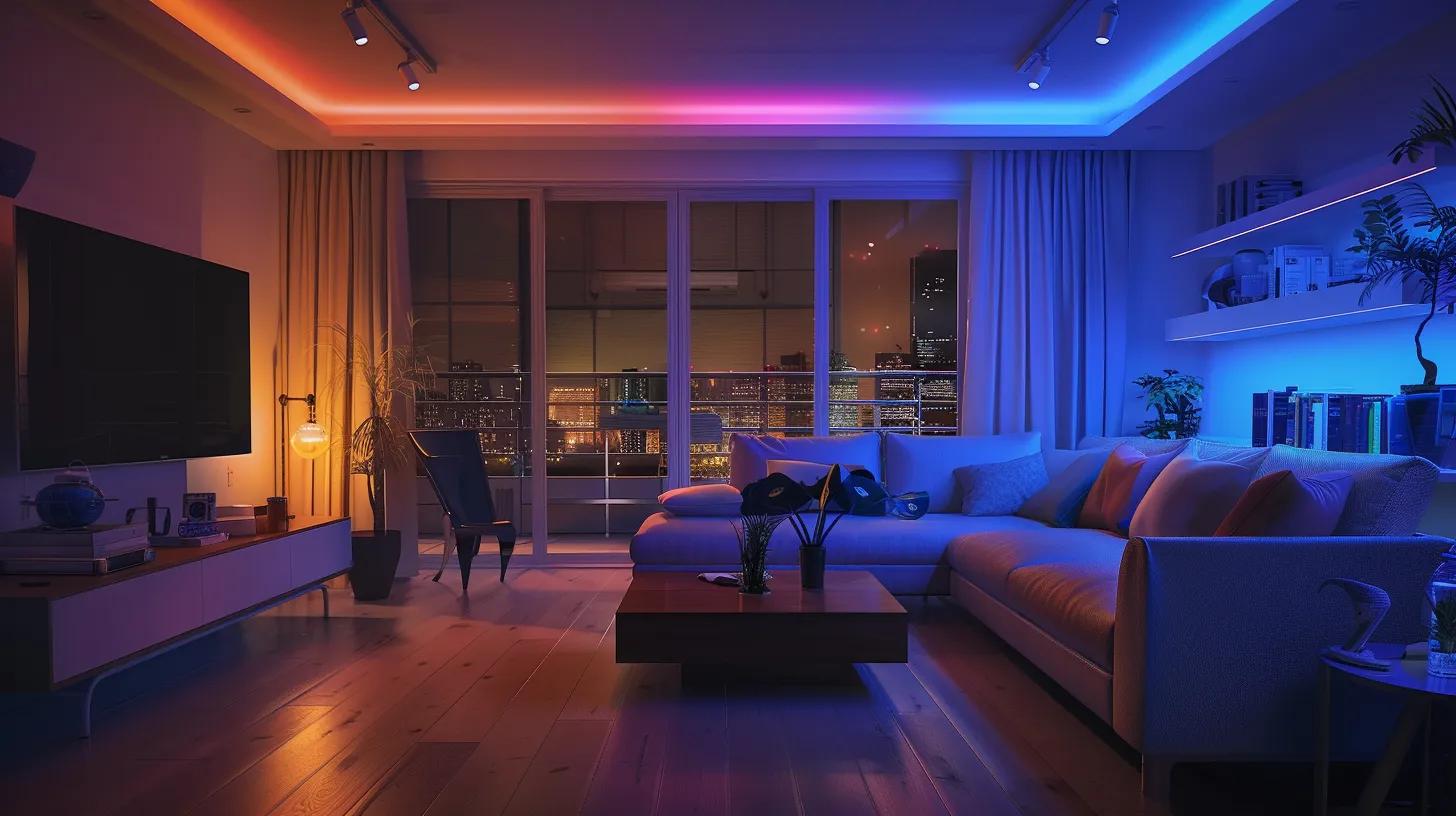 Smart Home Remodeling in Sandy Springs: Top Energy-Efficient Upgrades 4 a sleek, modern living room featuring smart led lighting that automatically adjusts to different colors and brightness levels, showcasing a harmonious blend of technology and contemporary interior design.