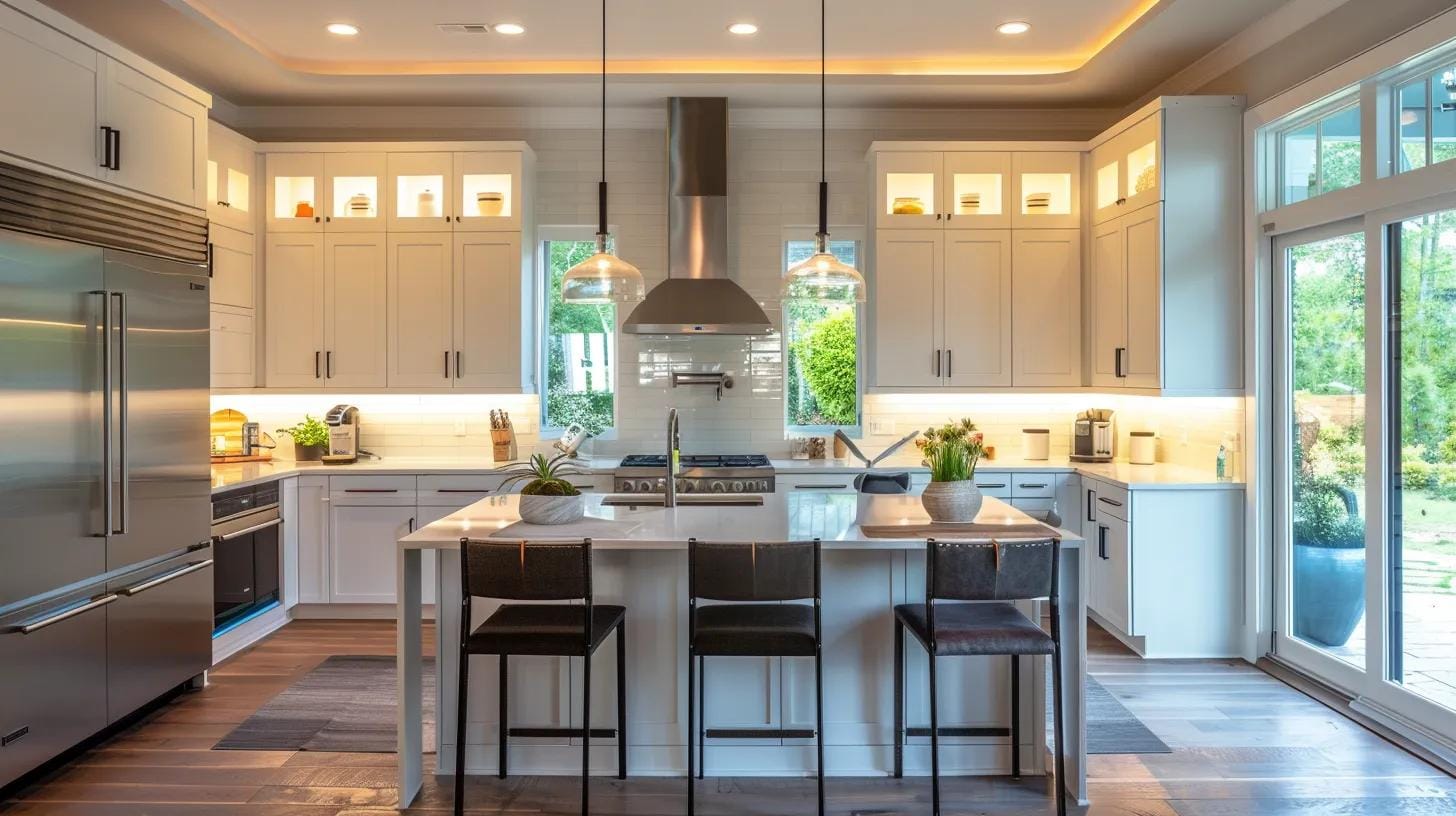 a stylish, modern kitchen showcasing sleek energy-efficient appliances and smart home technology, illuminated by warm ambient lighting in a contemporary sandy springs residence.