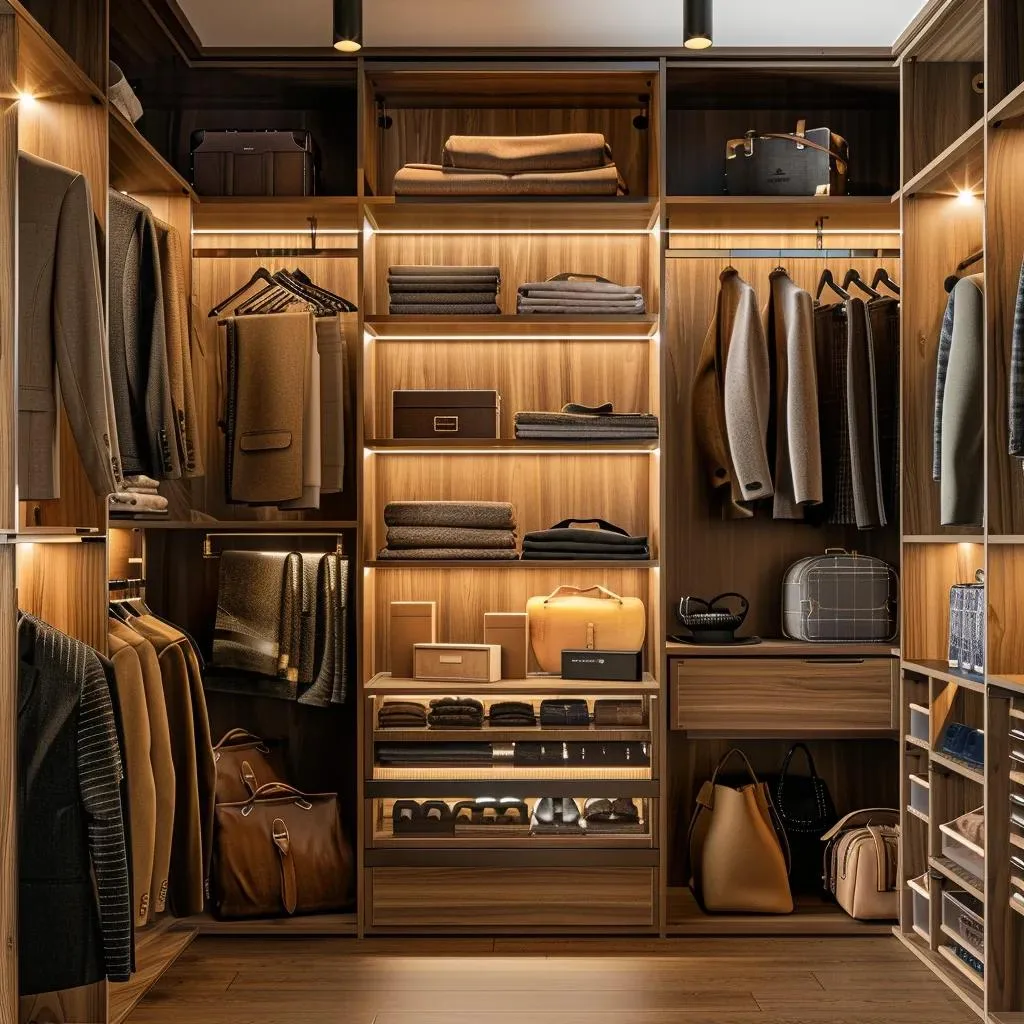 Custom closet design showcasing organized storage solutions and stylish accessories