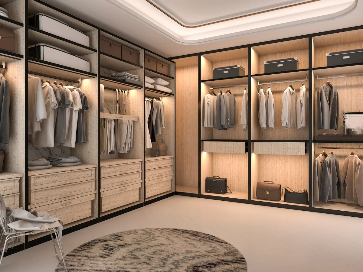 Spacious modern walk-in closet with open shelves, drawers, hanging clothes, storage boxes, and a round patterned rug&mdash;expertly crafted by custom closet designers for optimal organization.