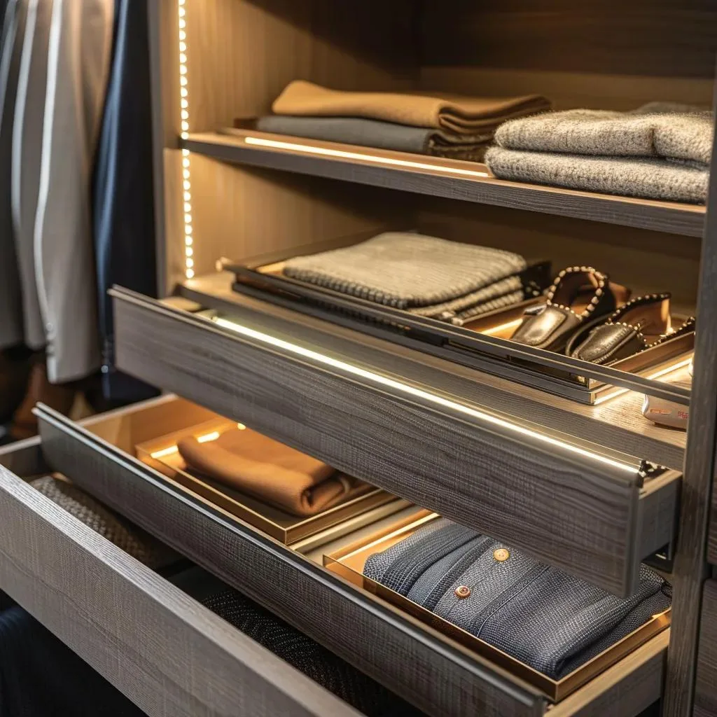 Innovative smart storage solutions in a custom closet enhancing organization