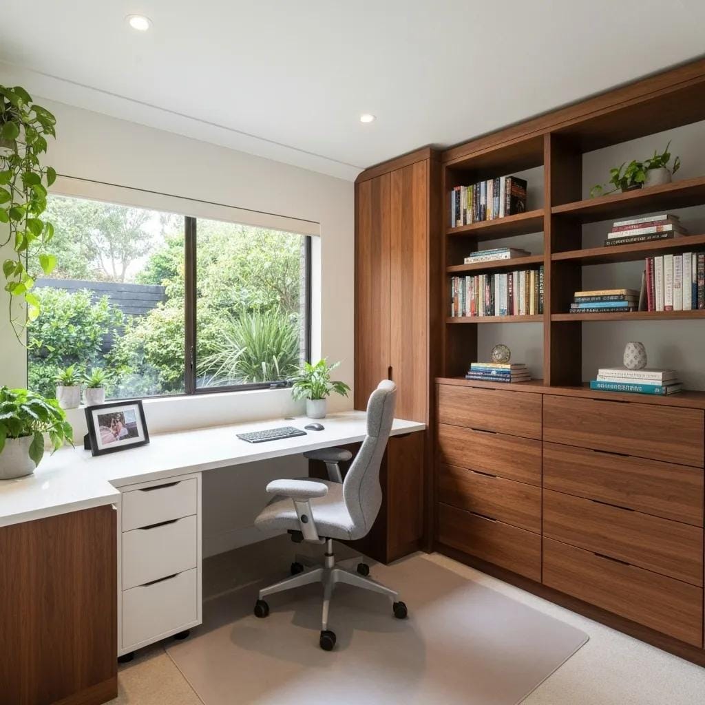 Modern home office with ergonomic furniture and natural lighting