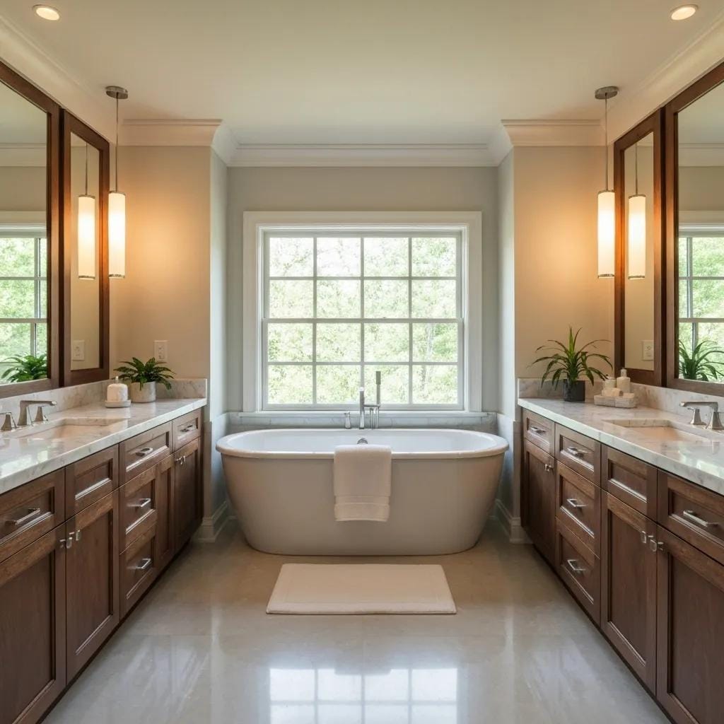 Luxurious bathroom with freestanding tub and marble finishes