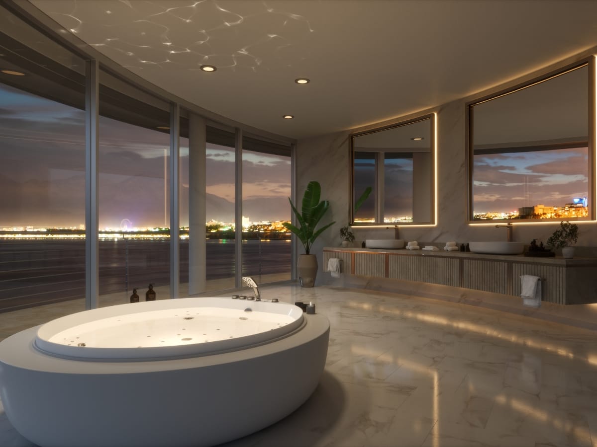 Buckhead GA Luxury Bathroom Remodeling: The Best Spa-Like Upgrades to Elevate Your Home 5 Experience Buckhead GA luxury bathroom remodeling in this modern space featuring a large round bathtub, marble floors, built-in seating, potted plant, and floor-to-ceiling windows with stunning city views at dusk.